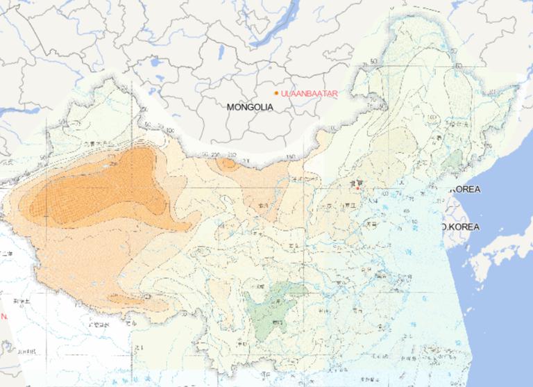 Online map of the threshold distribution of 50 years continuous precipitation free days in China