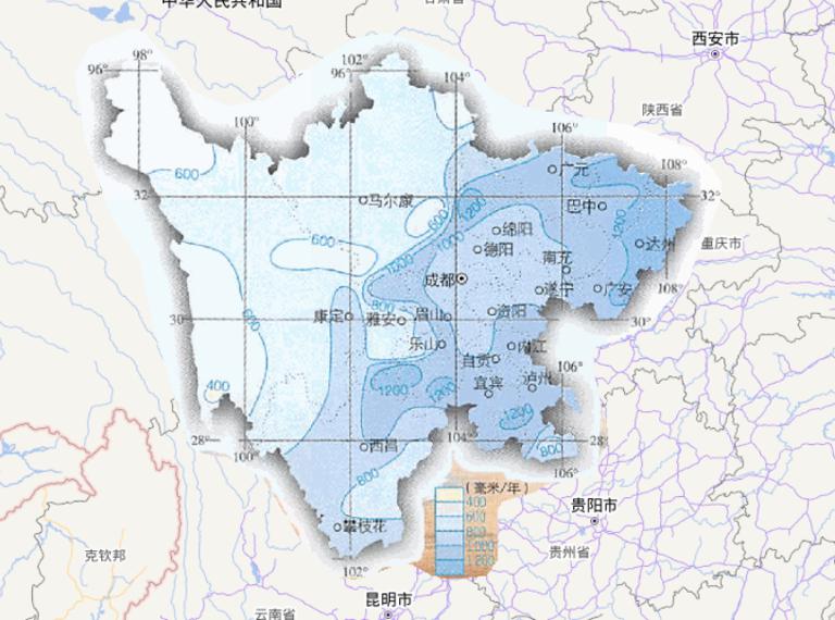 Online map of annual precipitation in Sichuan Province, China