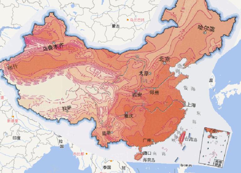 Online map of average temperature in July in China