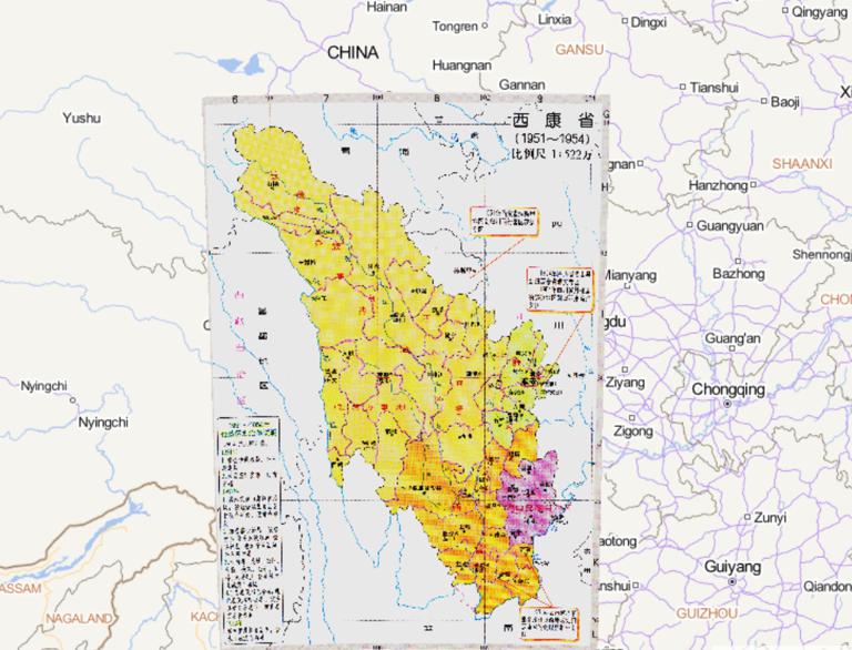 Historical map Chinese administrative divisions of Xikang province (1951-1954)