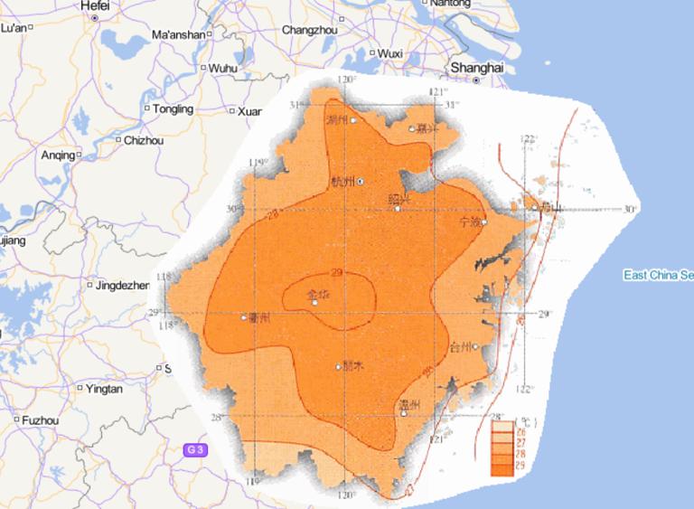 Online map of July average temperature in Zhejiang Province, China