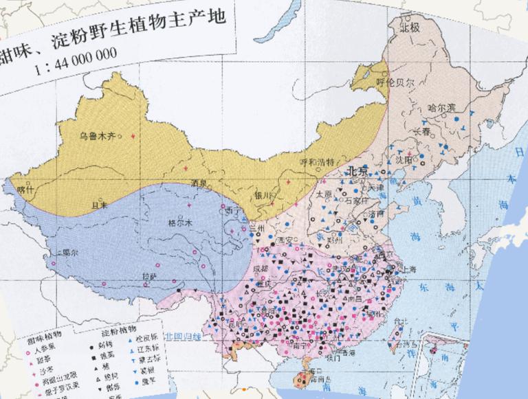 Online map of the main origin of main sweet, starch wild plants in China