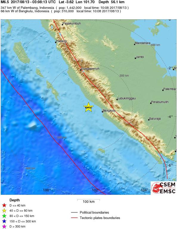 August 13, 2017 Earthquake Information of Southern Sunatra, Indonesia